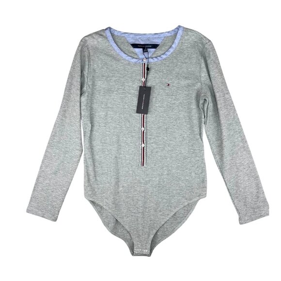 Tommy Hilfiger Womens Grey Long-Sleeve Bodysuit With Striped Button Detail Large - Picture 11 of 13